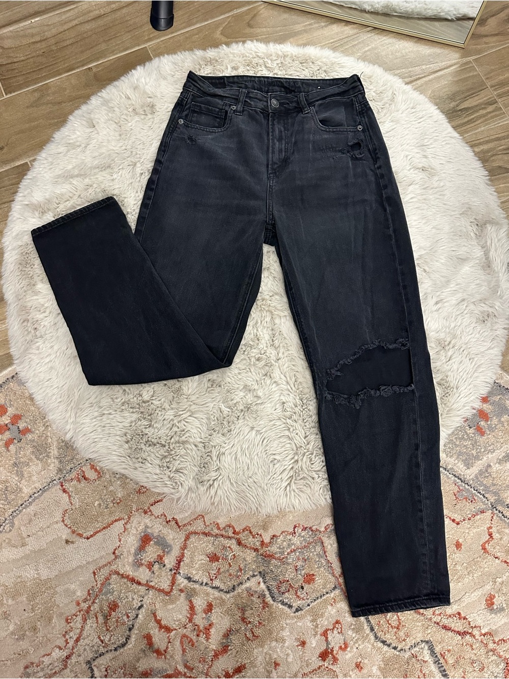 American Eagle Outfitters Black Straight-Leg Distressed Jeans